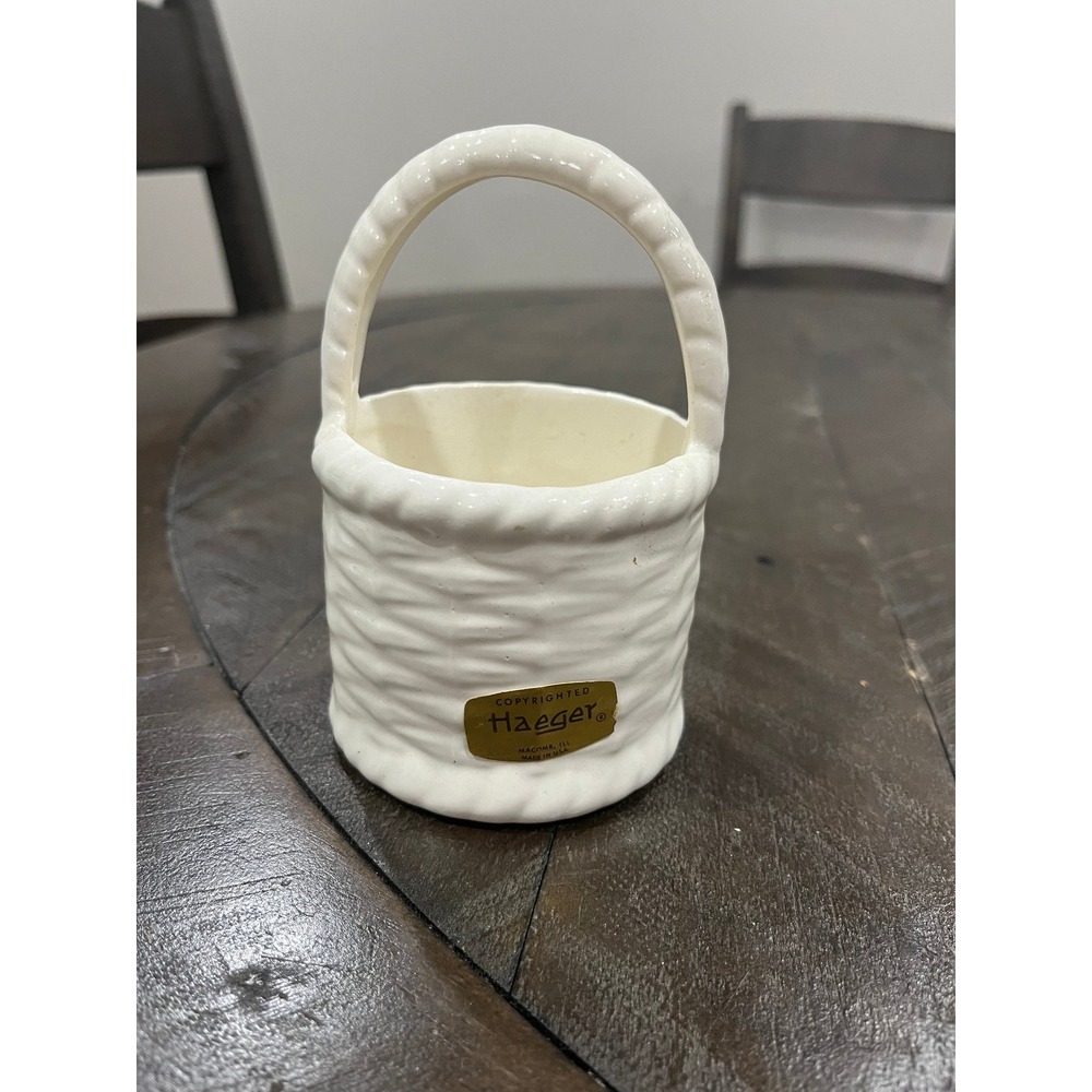 Vtg Haeger Pottery Basket‎ Weave Ceramic Planter Round White Small